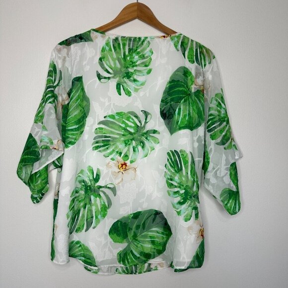 WHBM Flowy Blouse Size L White Green Tropical Palm V-Neck Vacation Beach - Picture 4 of 9